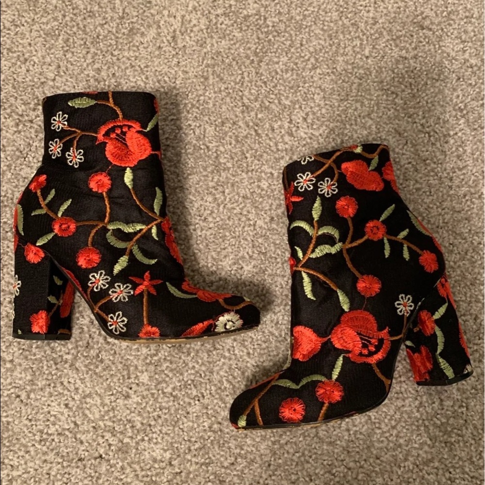 Black and red floral print boots
